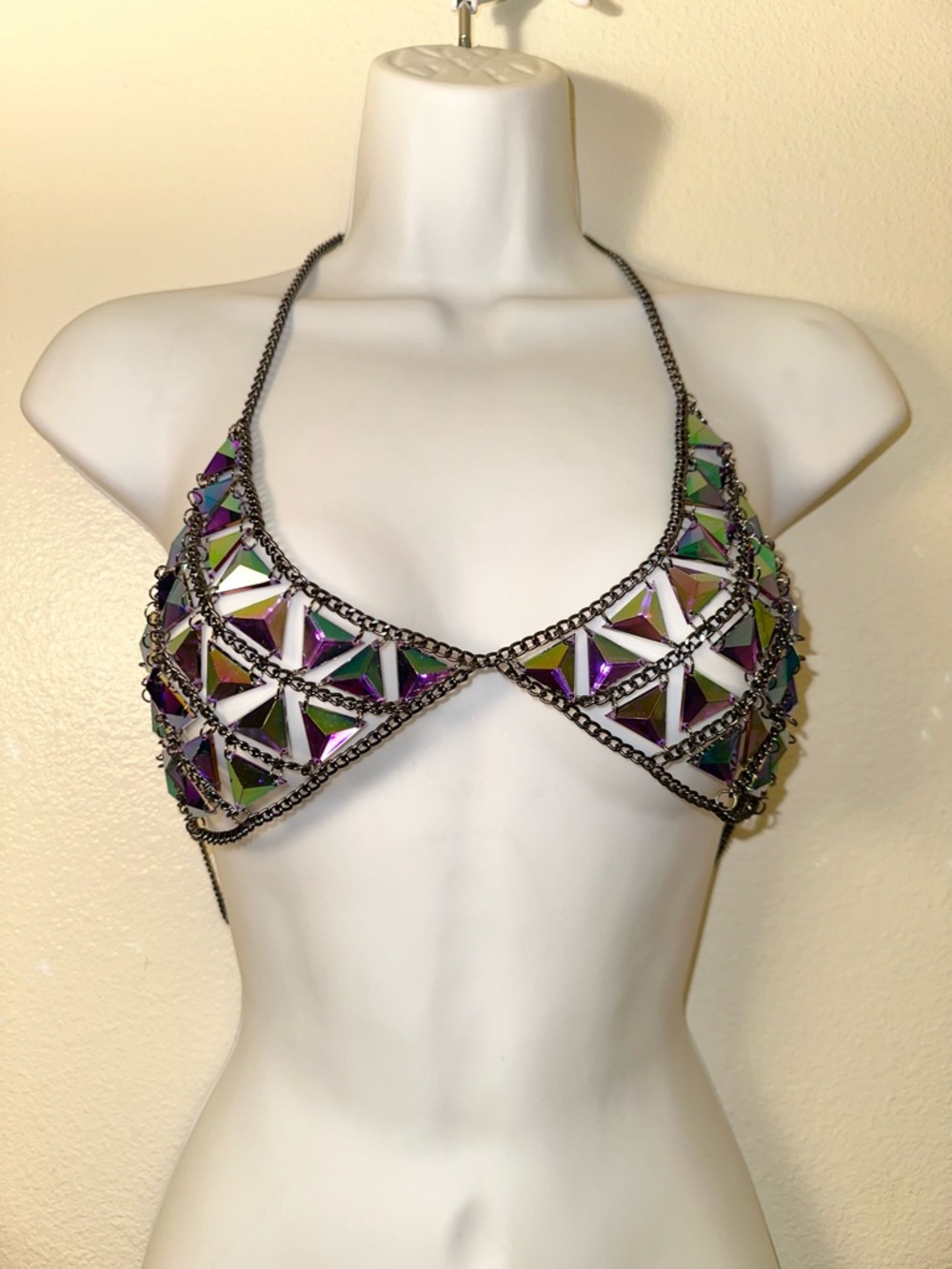 Iridescent Crystal Chain Bralette Halter Festival Rave Top
